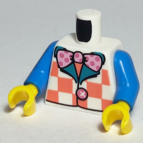 Torso Vest with Coral Checks, Bright Pink Polka Dot Bow Tie Print, Dark Azure Arms, Yellow Hands White