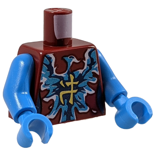Torso Dark Blue and Azure Energy Bird (Phoenix) with Gold Asian Character Print, Dark Azure Arms and Hands Dark Red