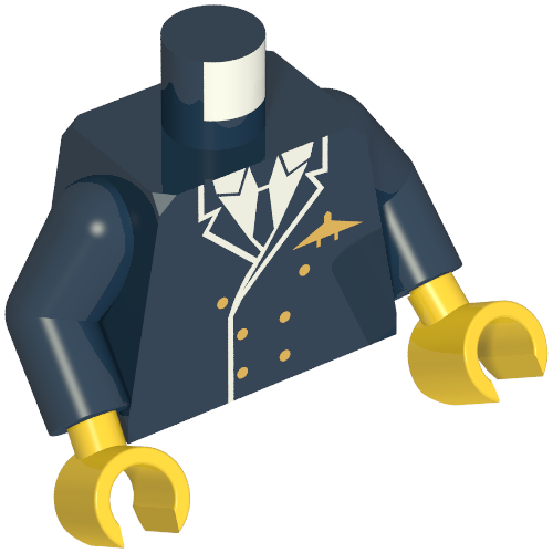 Torso Pilot Jacket, Suit Double Breasted, Tie, Gold Buttons and Logo Pin Print, Dark Blue Arms, Yellow Hands Dunkelblau