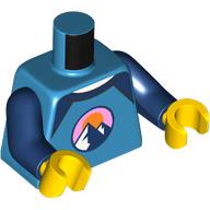 Torso, Emblem with Mountains, Bright Pink Sky, Orange Sun, Dark Blue Collar print, Dark Blue Arms, Yellow Hands Dunkelazur
