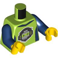 Torso, Dark Blue Sides, Collar, Silver Minifig Head, Lime Eyes, Headphones print, Dark Blue Arms, Yellow Hands Limette