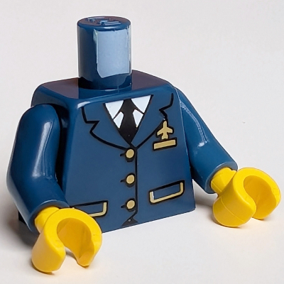 Torso Double Breasted Suit with Gold Buttons and Airplane Logo Pin, Front Pockets, Black Tie Print, Dark Blue Arms, Yellow Hands Dark Blue