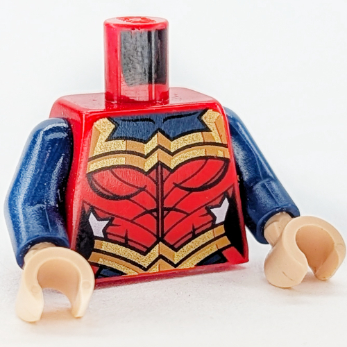 Torso Bodysuit, Pearl Gold Print (Wonder Woman), Dark Blue Arms, Light Nougat Hands Red