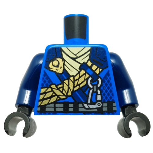 Torso, Ninja Robes, Dark Blue Trim, Silver Belt, Olive Green Rope, Yellowish Green Sash print, Dark Blue Arms, Black Hands Blau