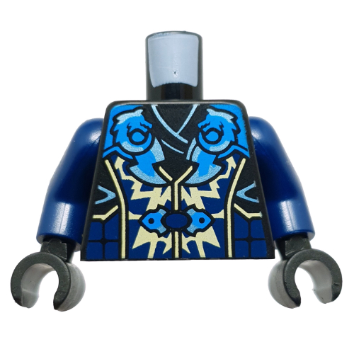 Torso, Ninja Robes, Bright Light Yellow/Medium Azure Decorations print, Dark Blue Arms, Black Hands Black