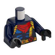 Torso Muscle Outline, Yellow and Bright Light Orange Straps, Pouch, Belt Buckle, Dark Red X Symbol, Red Neckerchief print, Dark Blue Arms, Black Hands Dark Blue