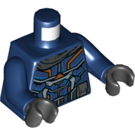 Torso Armor with Medium Azure/Dark Orange Circuitry, Dark Bluish Grey Pockets Print, Dark Blue Arms, Black Hands Dark Blue