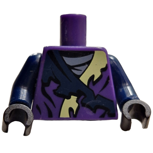 Torso Robe, Yellowish Green Collar and Dark Blue Strap and Gray Undershirt, Creature in Circle on Back Print, Dark Blue Arms, Black Hands Dunkellila