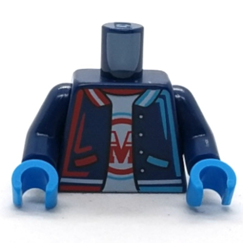 Torso, Jacket, Medium Azure/Red Trim, Collar, Pockets, White shirt with Red M in Red/Medium Azure Circle print, Dark Blue Arms, Dark Azure Hands Dark Blue