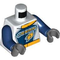 Torso Racing Jacket, Orange Collar, 'GEAR' Logo Print, Dark Blue Arms, Dark Bluish Gray Hands White