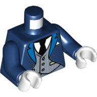 Torso Tuxedo Coat with Blue Lapels over Light Bluish Gray Pinstripe Vest, Black Tie Print (Alfred Pennyworth), Dark Blue Arms, White Hands Dark Blue