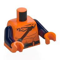 Torso, Muscles, Reddish Brown Strap, Black Belt, Hood print, Dark Blue Arms, Orange Hands Orange