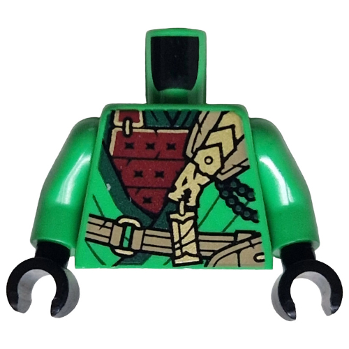 Torso, Ninja Robes, Dark Green Trim, Dark Red Plated Armor, Dark Tan Strap, Gold Dragon print, Bright Green Arms, Black Hands Bright Green