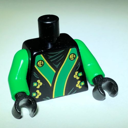 Torso Robe with Green and Gold Obi Sash Print, Bright Green Arms, Black Hands Black