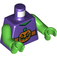 Torso Vest with Dark Orange Belt and Orange Pumpkin Jack-o-Lantern Buckle print, Bright Green Arms, Bright Green Hands Dunkellila