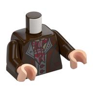 Torso, Jacket, Reddish brown Collar, Pockets, Dark Bluish Grey Shirt, Buttons, Dark Red Striped Handkerchief Tie print, Dark Brown Arms, Light Nougat Hands Dark Brown