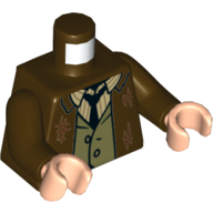 Torso Jacket with Tears, Olive Green Shirt, Tan Striped Shirt, Black Tie print, Dark Brown, Light Nougat Hands Dark Brown