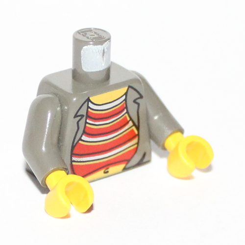 Torso Open Shirt with Red and Silver Striped Undershirt and Navel Print, Dark Gray Arms, Yellow Hands Dark Gray