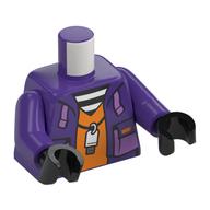 Torso, Jacket, White USB Drive on Necklace, Orange Shirt, White/Black stripes Shirt print, Dark Purple, Black Hands Dark Purple