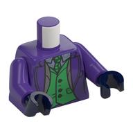 Torso Jacket, Dark Tan Lapels, open over Green Vest, Tie, Silver and Sand Blue Shirt print, Dark Purple Arms, Dark Blue Hands Dark Purple