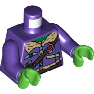 Torso Aviator Jacket with Silver Badge, Radio and Brown Belts Print, Dark Purple Arms, Bright Green Hands Dark Purple