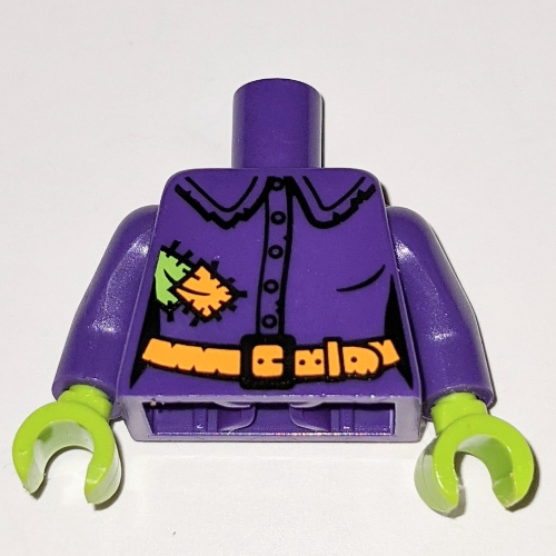 Torso Shirt, Tattered with Lime and Orange Patches, Orange Belt Print, Dark Purple Arms with Patch Print on Left, Lime Hands Dunkellila