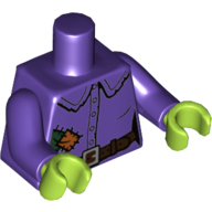 Torso Shirt, Tattered with Dark Green and Dark Orange Patches, Dark Brown Belt Print, Dark Purple Arms with Patch Print on Left, Lime Hands Dark Purple
