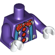 Torso Clown with Aqua Suspenders over Polka-Dot Shirt with Red Buttons, Large Red Bow Tie Print, Dark Purple Arms, White Hands Dark Purple