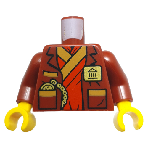 Torso, Jacket over Red Ninja Robe, Gold Badge, Watch on Chain, Trim print, Dark Red Arms, Yellow Hands Dunkelrot