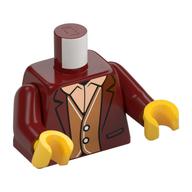 Torso Jacket Open over Medium Nougat Vest and Tan Shirt Print, Dark Red Arms, Yellow Hands Dunkelrot