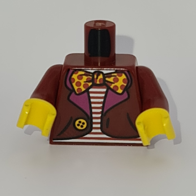 Torso Jacket, Red and White Striped Shirt, Red dotted Yellow Bow Tie Print, Dark Red Arms, Yellow Hands Dark Red