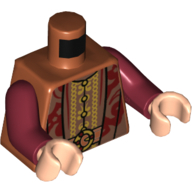 Torso Robes, Dark Red and Dark Tan Pattern, Open over Undershirt with Intricate Gold Design, and Gold Belt Print, Dark Red Arms, Light Nougat Hands Dark Orange