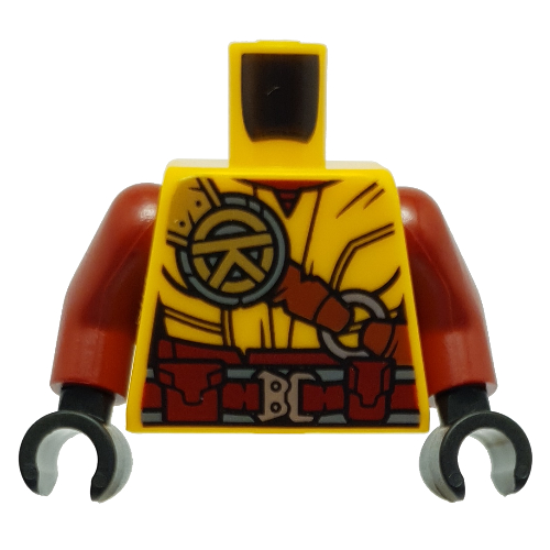 Torso Robe, Reddish Brown Strap with Yellow Asian Symbol, Red Utility Belt print, Dark Red Arms, Black Hands Bright Light Orange