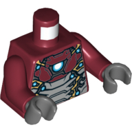 Torso Silver, Gold, and Light Blue Armor, Arc Reactor on Chest Print (Iron Man), Dark Red Arms, Dark Bluish Gray Hands Dunkelrot