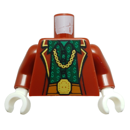Torso, Jacket, Yellow Trim, Chain Necklace, Dark Orange Belt, Dark Green Shirt, Bright Green Dollar Signs print, Dark Red Arms, White Hands Dark Red
