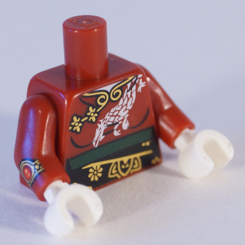 Torso Robe with White Dragon, Gold Trimming, Black Sash Print (Nya), Dark Red Arms, White Hands Dunkelrot