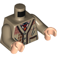 Torso Sweater Cardigan with Pocket, Buttons, and Patches, and Dark Red Tie Print, Dark Tan Arms, Light Nougat Hands Dark Tan