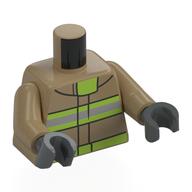Torso Fire Jacket, Silver and Neon Green Safety Stripes print, Dark Tan Arms, Dark Bluish Gray Hands Dunkelbeige