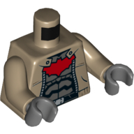 Torso Jacket over Dark Gray Armor, Red Large Bat Logo Print, Dark Tan Arms, Dark Bluish Gray Hands Dunkelbeige
