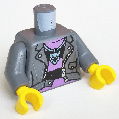 Torso Jacket over Medium Lavender and Black Striped Shirt, Zipper, Necklace, Back print, Dark Bluish Gray Arms, Yellow Hands Dark Bluish Gray