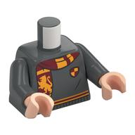Torso, Sweater, Bright Light Orange/Dark Red Trim, Crest, Scarf with Lion print, Dark Bluish Gray Arms, Light Nougat Hands Dunkelblaugrau