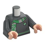 Torso, Sweater, Silver/Green Trim, Crest, Scarf with Snake print, Dark Bluish Gray Arms, Light Nougat Hands Dark Bluish Gray