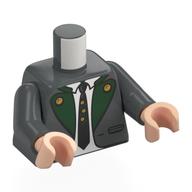 Torso, Jacket, Green Collar, Gold Buttons, White Shirt, Dark Green Tie, Crumbs print, Dark Bluish Gray Arms, Light Nougat Hands Dark Bluish Gray