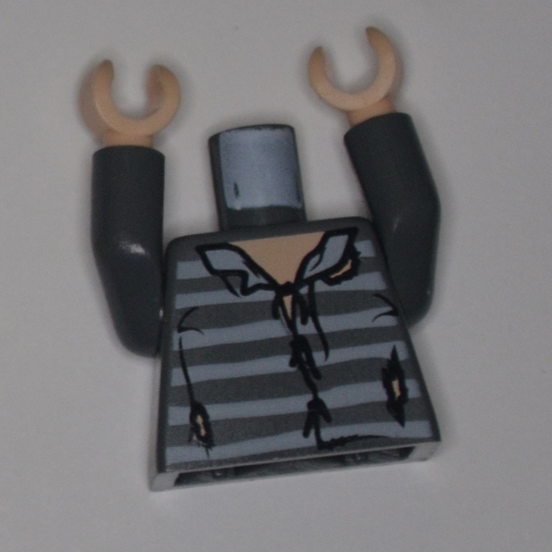 Torso Shirt, Tattered with Prison Stripes Print, Dark Bluish Gray Arms, Light Nougat Hands Dunkelblaugrau
