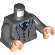 Torso, Jacket, Vest, Gold Buttons, 'M' Badge, Medium Blue Shirt, Dark Blue Tie print, Dark Bluish Gray Arms, Light Nougat Hands Dark Bluish Gray
