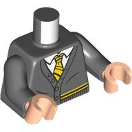Torso, Jacket, White Shirt, Yellow/Black Tie, Hogwarts Hufflepuff Uniform print, Dark Bluish Gray Arms, Light Nougat Hands Dark Bluish Gray