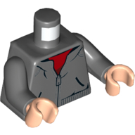 Torso Hoodie, Zipper, Red Shirt Print, Dark Bluish Gray Arms, Light Nougat Hands Dark Bluish Gray