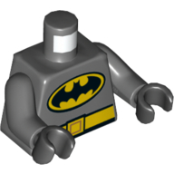 Torso Bodysuit, Batman Logo in Yellow Oval with Yellow Belt Front and Back Print, Dark Bluish Gray Arms, Black Hands Dark Bluish Gray
