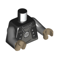 Torso Vest, Open over Dark Bluish Gray Undershirt, Minifigure Head Skull Necklace Print, Dark Bluish Gray Arms, Dark Tan Hands Schwarz