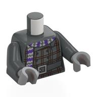 Torso, Coat, Dark Red Plaid, Silver Belt Buckle, Tan/Dark Purple Scarf print, Dark Bluish Gray Arms, Light Bluish Gray Hands Dark Bluish Gray